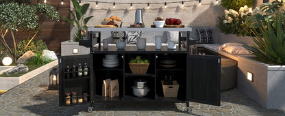 Outdoor Kitchen Island, Rolling Bar Cart & Storage Cabinet, Farmhouse Solid Wood Outdoor Grill Table with Stainless Steel Top, Spice Rack , Towel Rack for Kitchen & Barbecue, Black