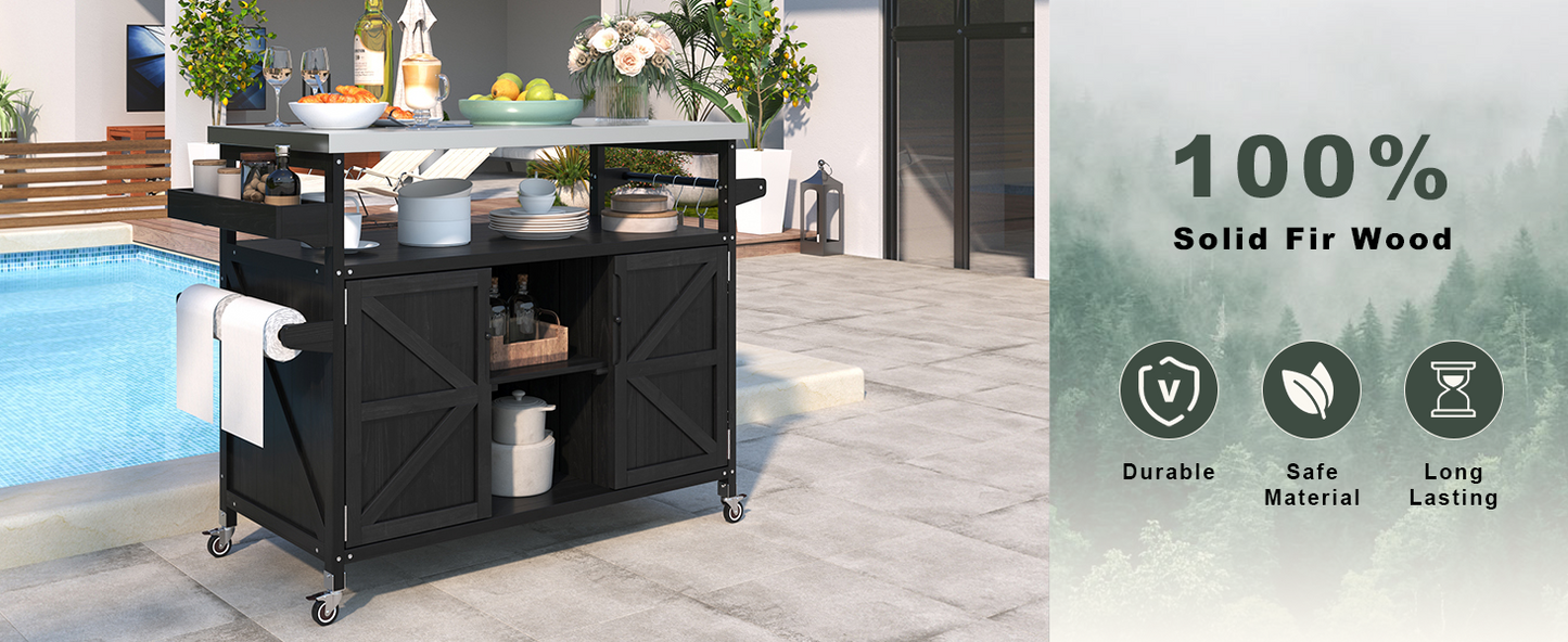 Outdoor Kitchen Island, Rolling Bar Cart & Storage Cabinet, Farmhouse Solid Wood Outdoor Grill Table with Stainless Steel Top, Spice Rack , Towel Rack for Kitchen & Barbecue, Black