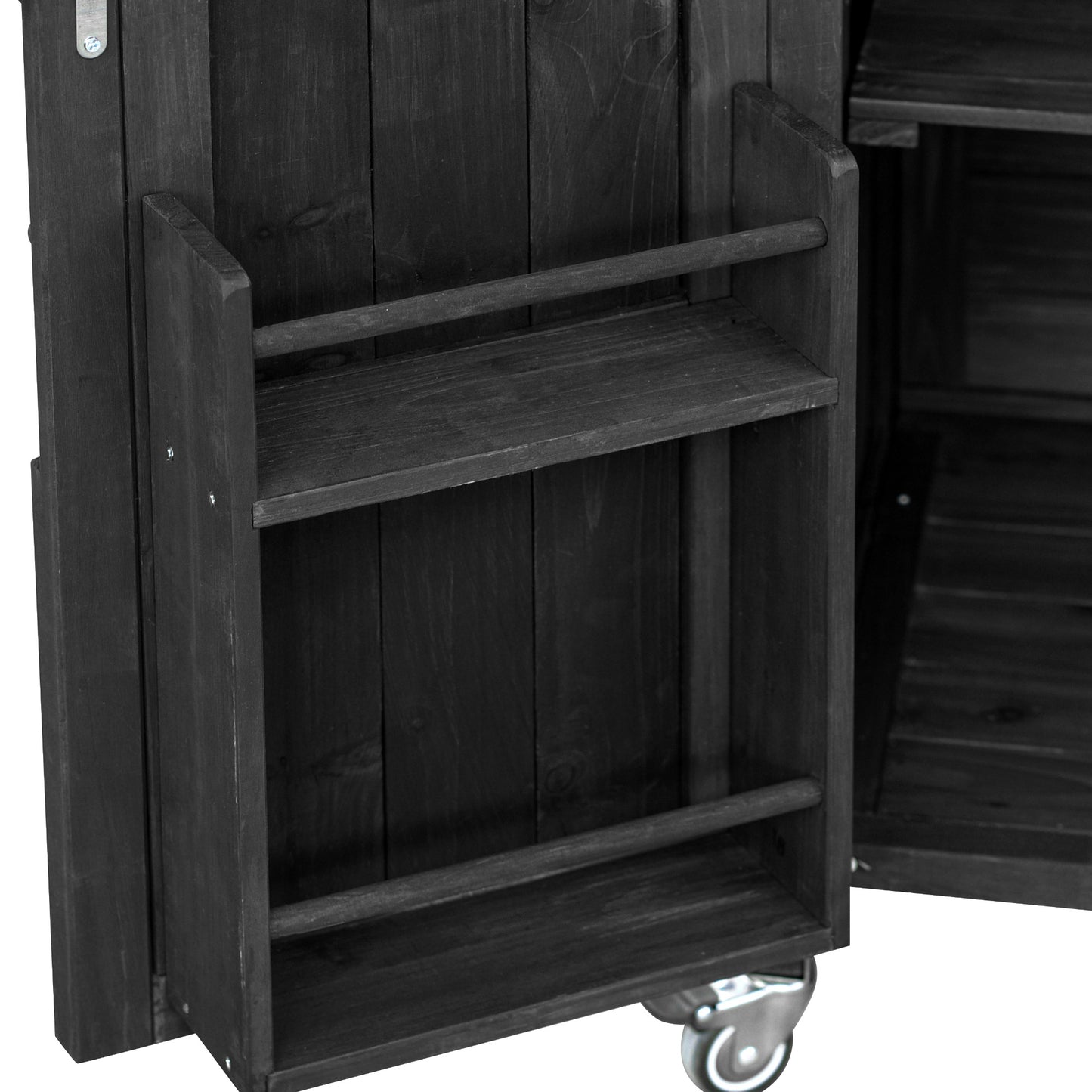 Outdoor Kitchen Island, Rolling Bar Cart & Storage Cabinet, Farmhouse Solid Wood Outdoor Grill Table with Stainless Steel Top, Spice Rack , Towel Rack for Kitchen & Barbecue, Black