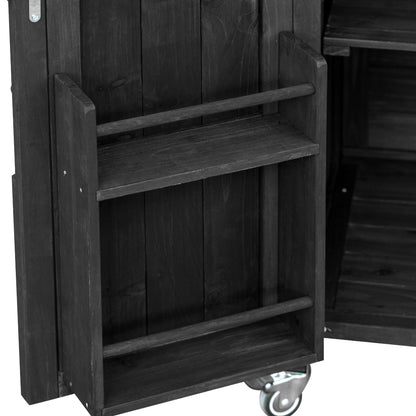 Outdoor Kitchen Island, Rolling Bar Cart & Storage Cabinet, Farmhouse Solid Wood Outdoor Grill Table with Stainless Steel Top, Spice Rack , Towel Rack for Kitchen & Barbecue, Black