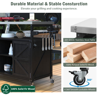 Outdoor Kitchen Island, Rolling Bar Cart & Storage Cabinet, Farmhouse Solid Wood Outdoor Grill Table with Stainless Steel Top, Spice Rack , Towel Rack for Kitchen & Barbecue, Black