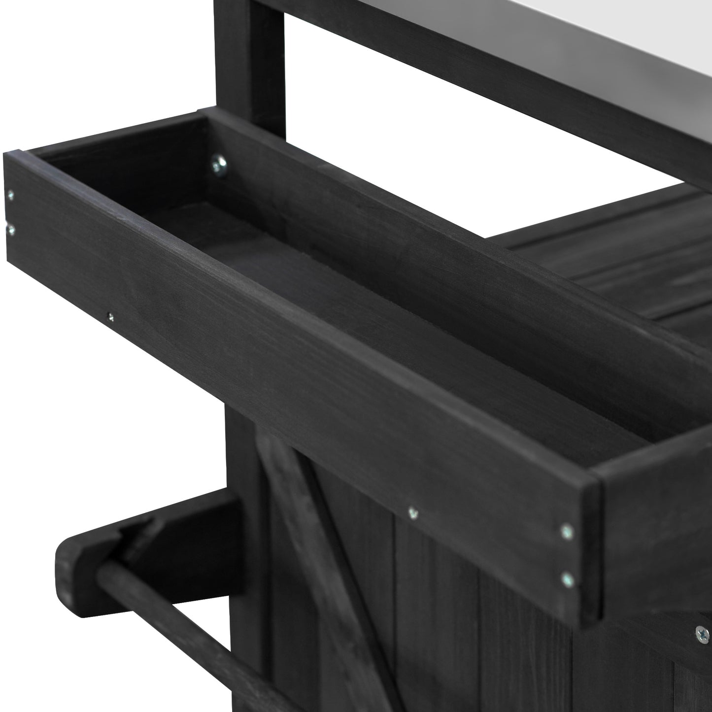 Outdoor Kitchen Island, Rolling Bar Cart & Storage Cabinet, Farmhouse Solid Wood Outdoor Grill Table with Stainless Steel Top, Spice Rack , Towel Rack for Kitchen & Barbecue, Black