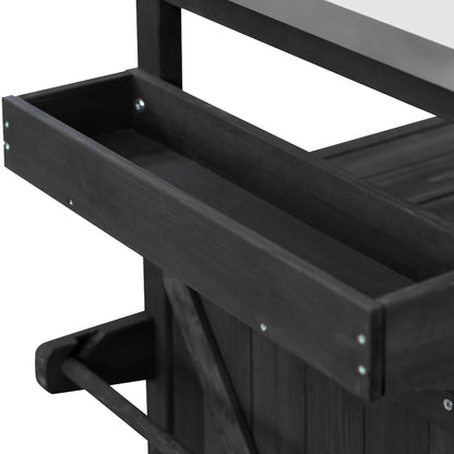 Outdoor Kitchen Island, Rolling Bar Cart & Storage Cabinet, Farmhouse Solid Wood Outdoor Grill Table with Stainless Steel Top, Spice Rack , Towel Rack for Kitchen & Barbecue, Black