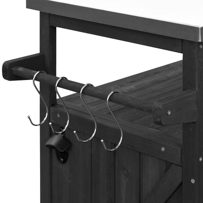 Outdoor Kitchen Island, Rolling Bar Cart & Storage Cabinet, Farmhouse Solid Wood Outdoor Grill Table with Stainless Steel Top, Spice Rack , Towel Rack for Kitchen & Barbecue, Black