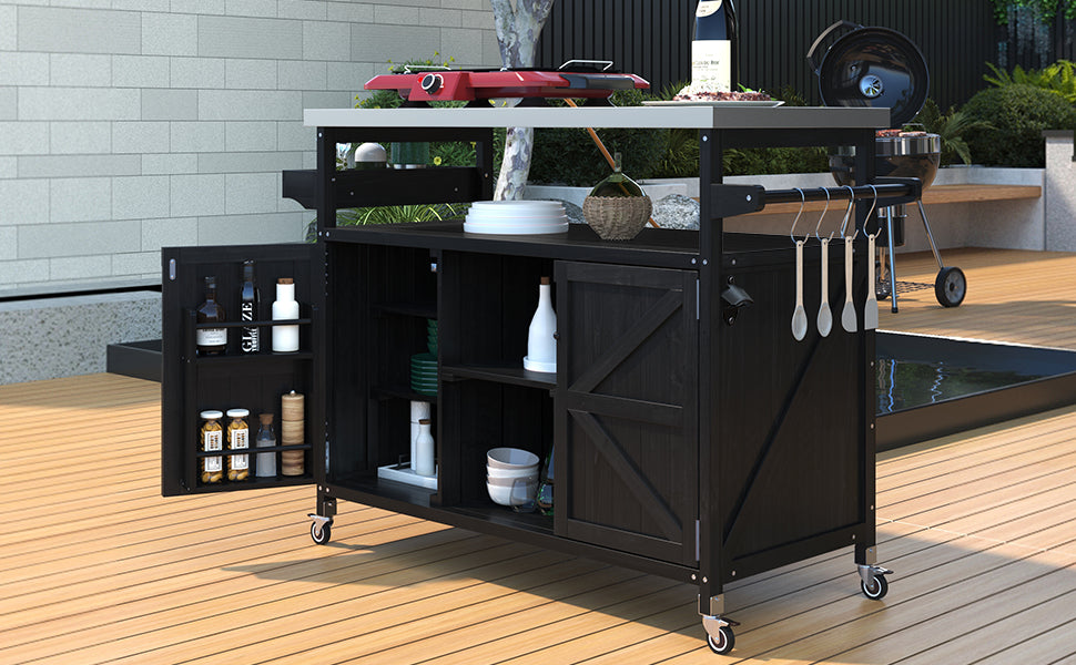 Outdoor Kitchen Island, Rolling Bar Cart & Storage Cabinet, Farmhouse Solid Wood Outdoor Grill Table with Stainless Steel Top, Spice Rack , Towel Rack for Kitchen & Barbecue, Black