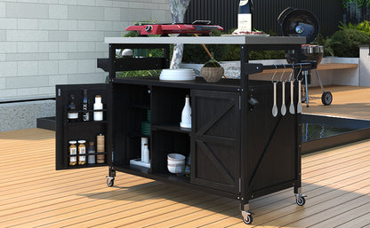 Outdoor Kitchen Island, Rolling Bar Cart & Storage Cabinet, Farmhouse Solid Wood Outdoor Grill Table with Stainless Steel Top, Spice Rack , Towel Rack for Kitchen & Barbecue, Black
