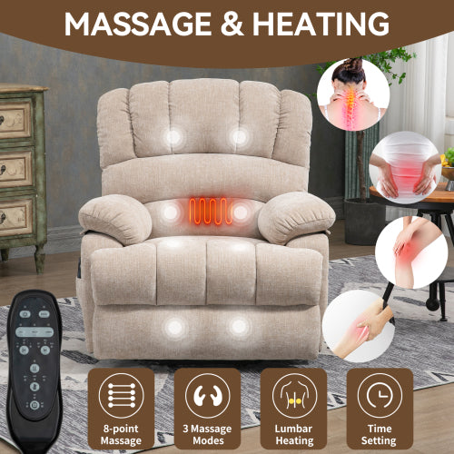 23" Seat Width and High Back Large Size Beige Chenille Power Lift Recliner Chair with 8-Point Vibration Massage and Lumbar Heating