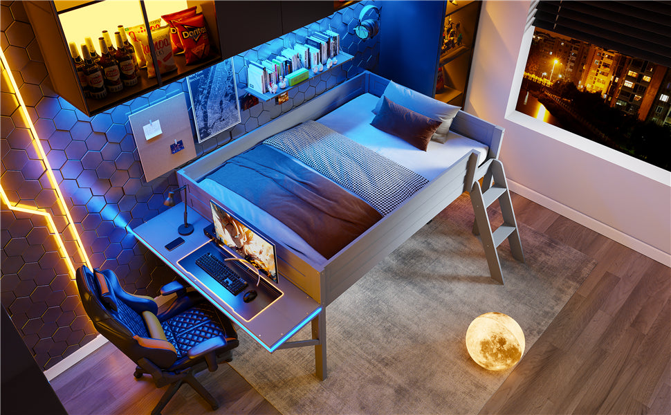 Wood Full Size Gaming Loft Bed with Desk and LED, Grey