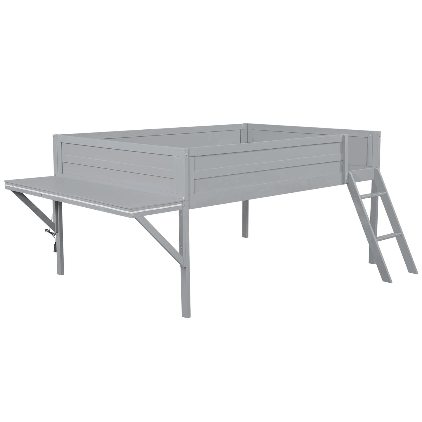 Wood Full Size Gaming Loft Bed with Desk and LED, Grey