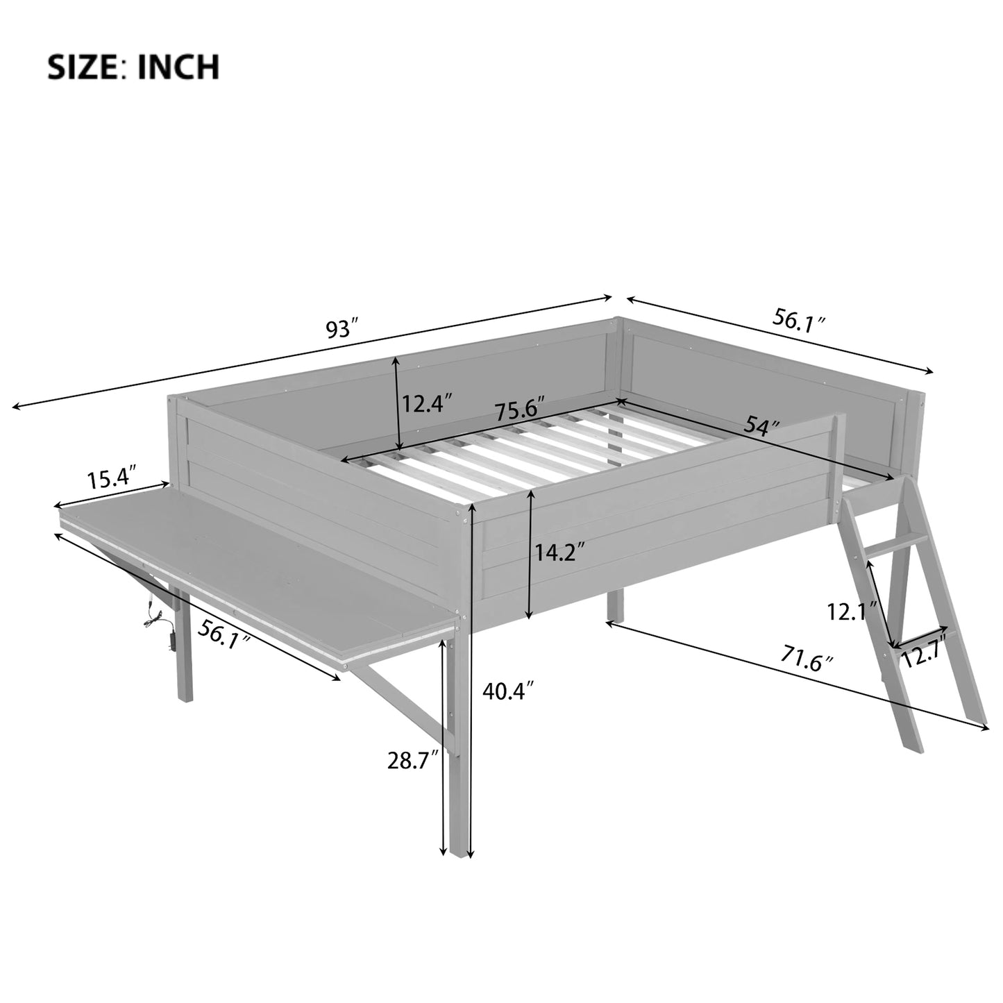 Wood Full Size Gaming Loft Bed with Desk and LED, Grey