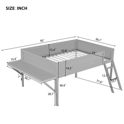 Wood Full Size Gaming Loft Bed with Desk and LED, Grey