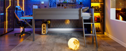 Wood Full Size Gaming Loft Bed with Desk and LED, Grey