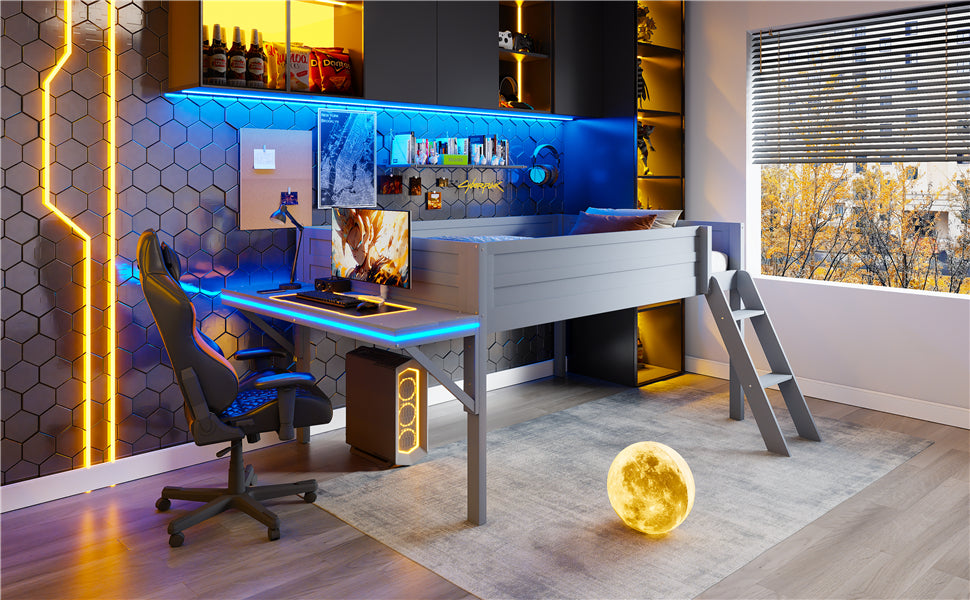 Wood Full Size Gaming Loft Bed with Desk and LED, Grey
