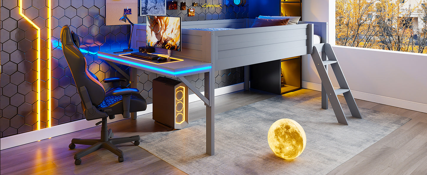 Wood Full Size Gaming Loft Bed with Desk and LED, Grey