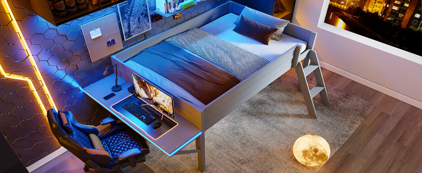 Wood Full Size Gaming Loft Bed with Desk and LED, Grey