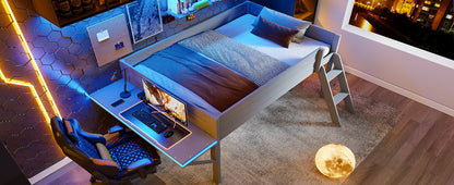Wood Full Size Gaming Loft Bed with Desk and LED, Grey