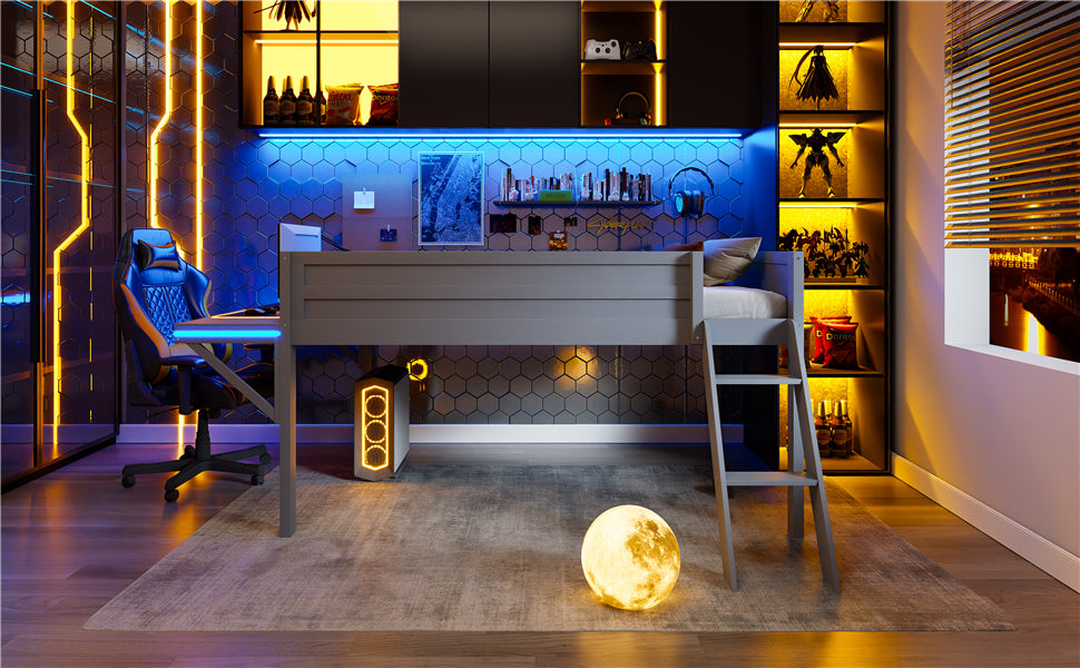 Wood Full Size Gaming Loft Bed with Desk and LED, Grey