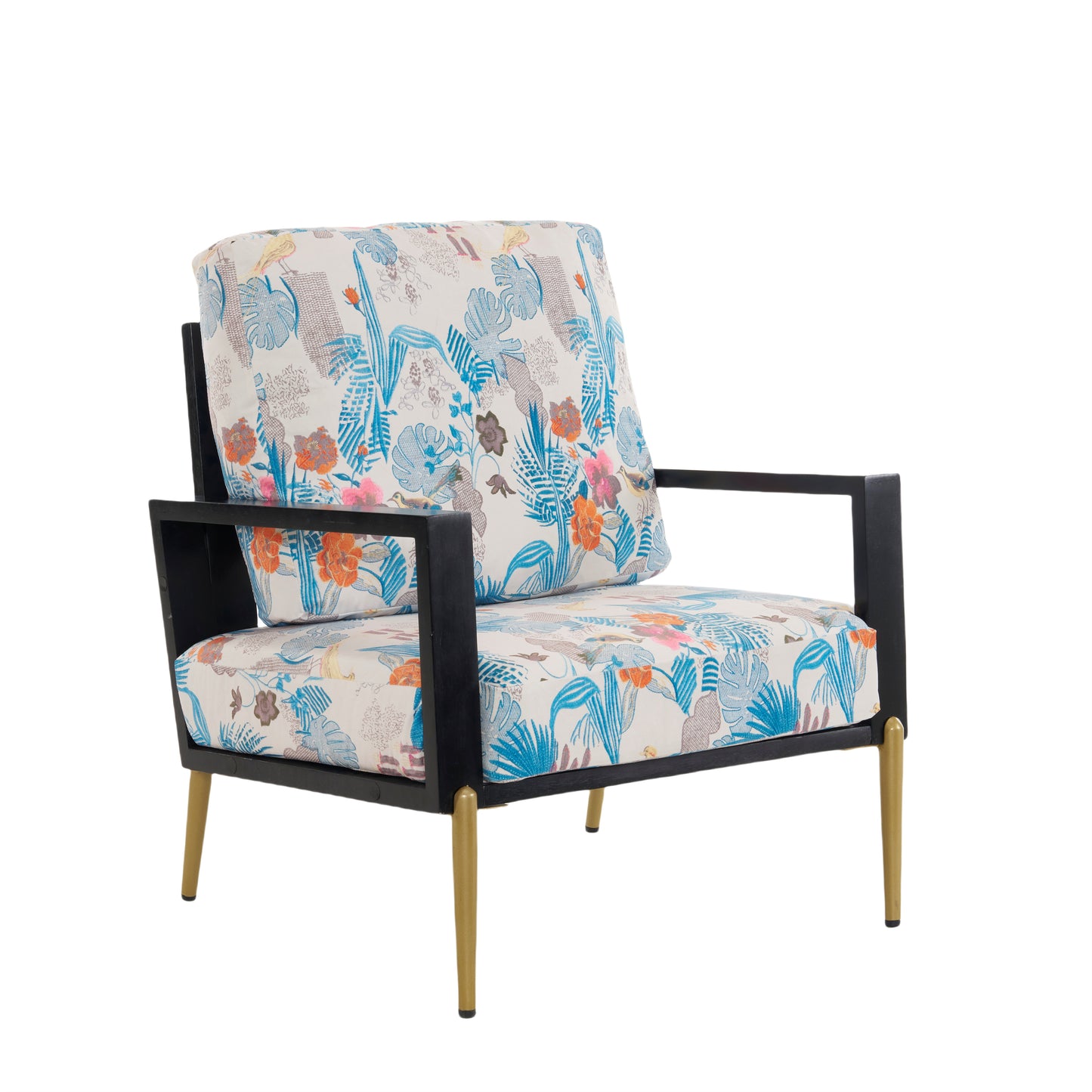 Floral Accent Chair, Velvet Lounge Arm Chair with Solid Wood Frame, Upholstered Living Room Chairs with Metal Legs for Reading Chair for Balcony, Living Room and Bedroom, Blue