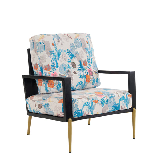Floral Accent Chair, Velvet Lounge Arm Chair with Solid Wood Frame, Upholstered Living Room Chairs with Metal Legs for Reading Chair for Balcony, Living Room and Bedroom, Blue