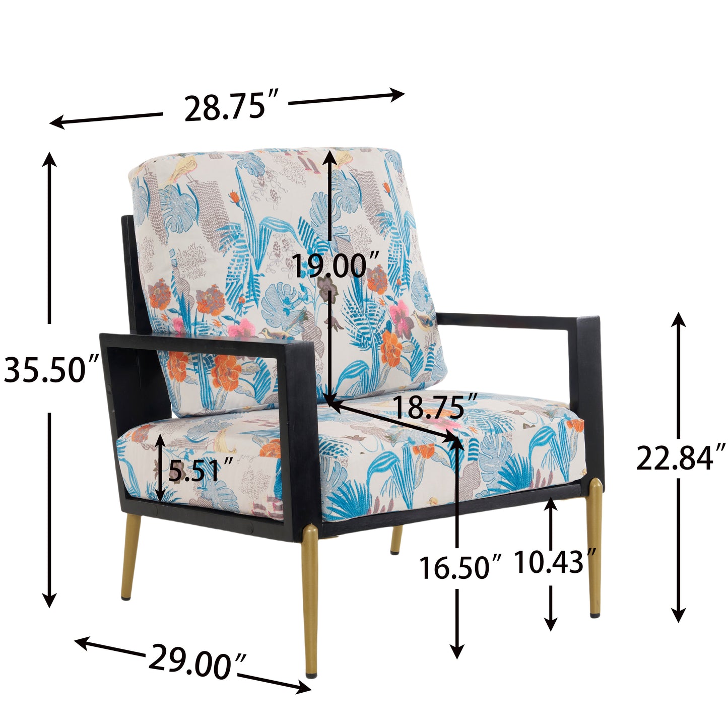 Floral Accent Chair, Velvet Lounge Arm Chair with Solid Wood Frame, Upholstered Living Room Chairs with Metal Legs for Reading Chair for Balcony, Living Room and Bedroom, Blue