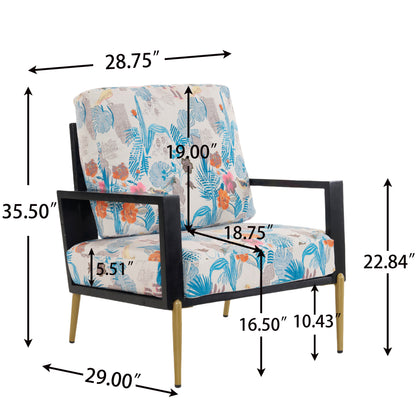 Floral Accent Chair, Velvet Lounge Arm Chair with Solid Wood Frame, Upholstered Living Room Chairs with Metal Legs for Reading Chair for Balcony, Living Room and Bedroom, Blue