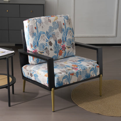 Floral Accent Chair, Velvet Lounge Arm Chair with Solid Wood Frame, Upholstered Living Room Chairs with Metal Legs for Reading Chair for Balcony, Living Room and Bedroom, Blue