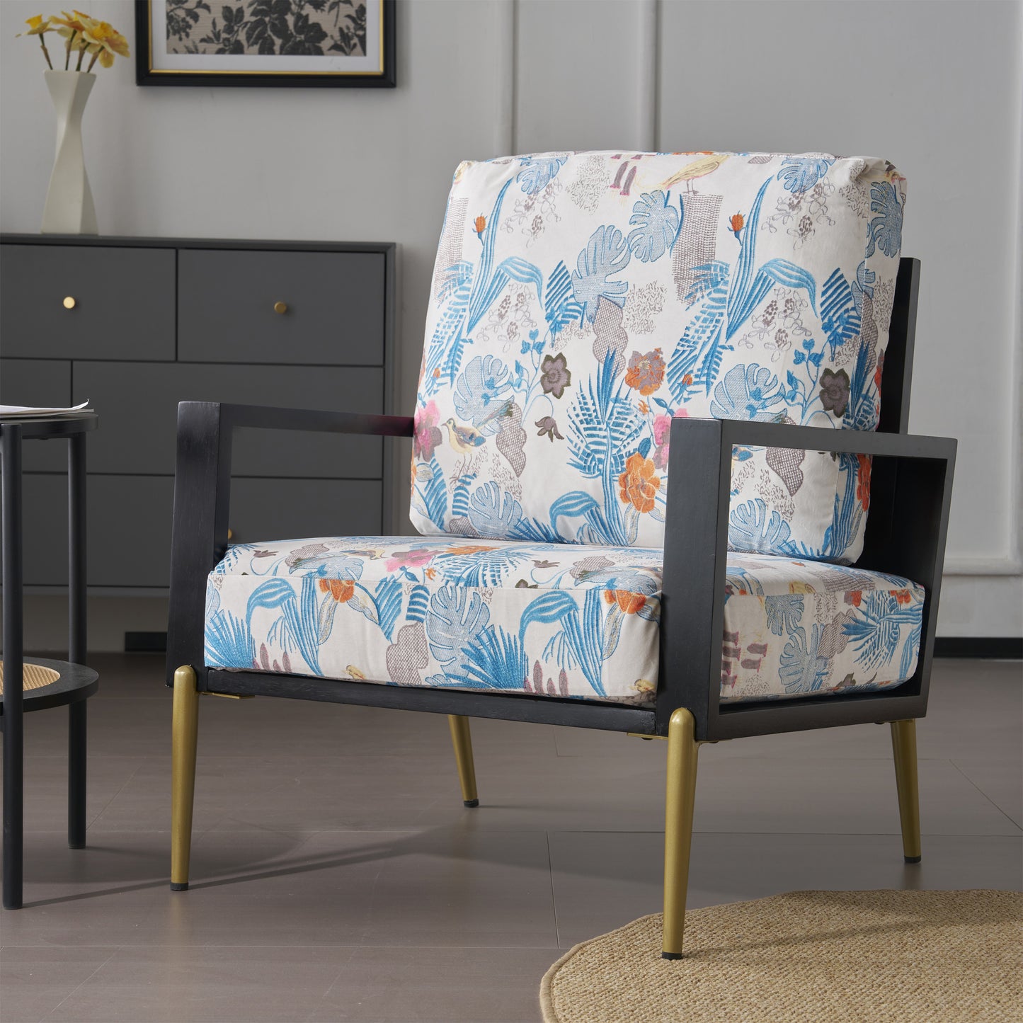 Floral Accent Chair, Velvet Lounge Arm Chair with Solid Wood Frame, Upholstered Living Room Chairs with Metal Legs for Reading Chair for Balcony, Living Room and Bedroom, Blue