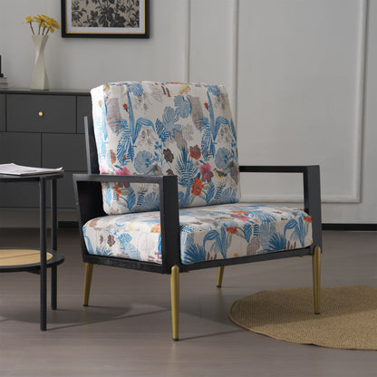 Floral Accent Chair, Velvet Lounge Arm Chair with Solid Wood Frame, Upholstered Living Room Chairs with Metal Legs for Reading Chair for Balcony, Living Room and Bedroom, Blue
