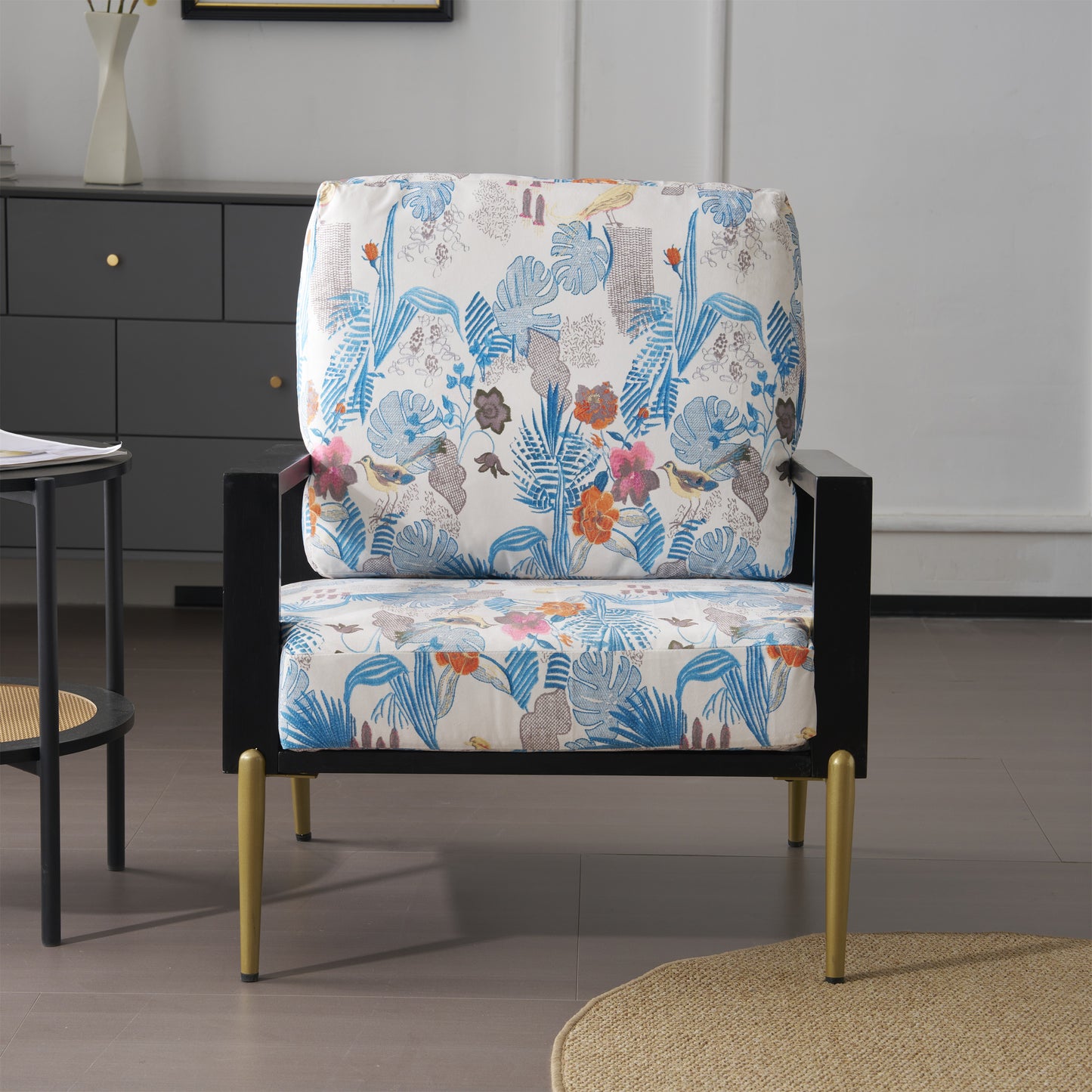 Floral Accent Chair, Velvet Lounge Arm Chair with Solid Wood Frame, Upholstered Living Room Chairs with Metal Legs for Reading Chair for Balcony, Living Room and Bedroom, Blue