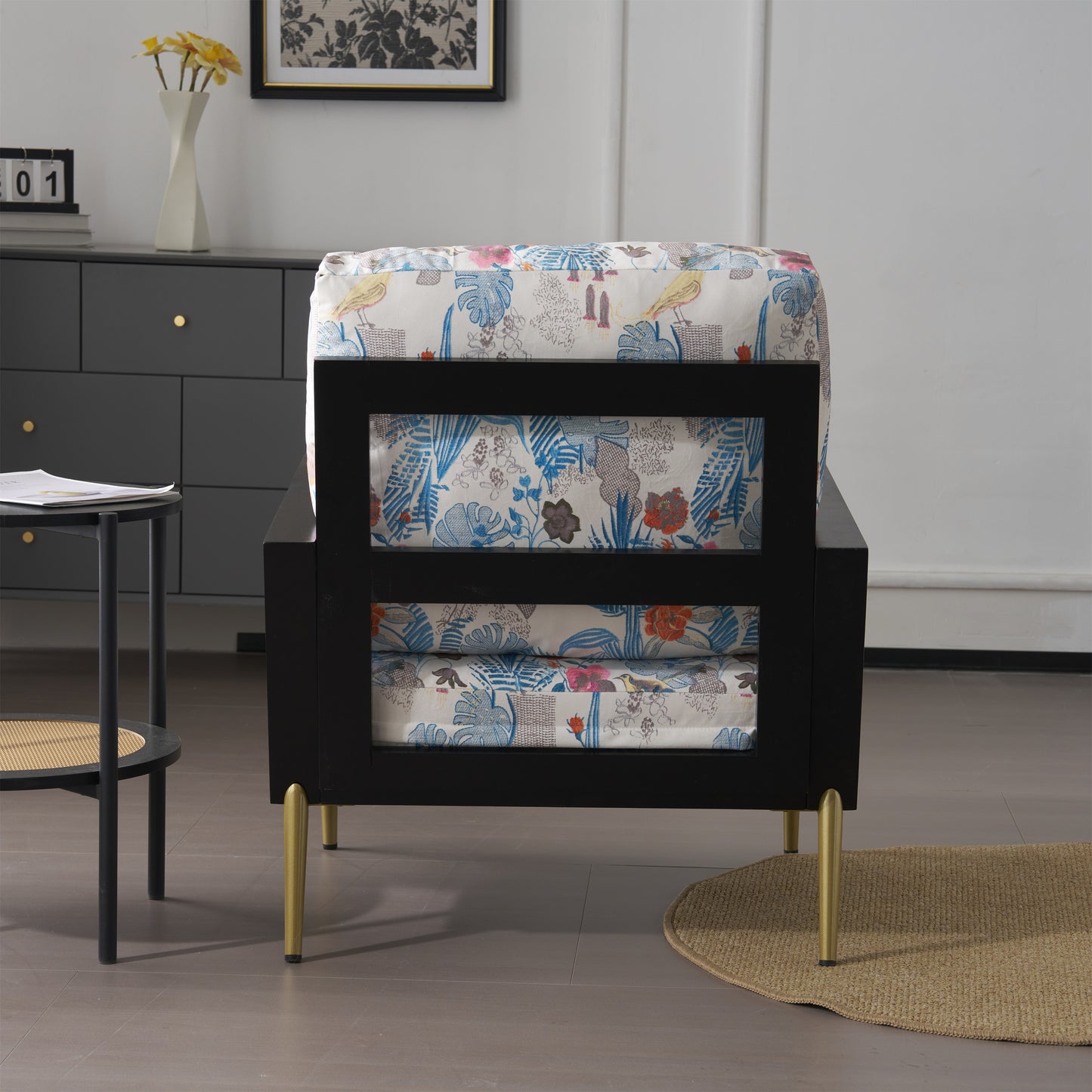 Floral Accent Chair, Velvet Lounge Arm Chair with Solid Wood Frame, Upholstered Living Room Chairs with Metal Legs for Reading Chair for Balcony, Living Room and Bedroom, Blue