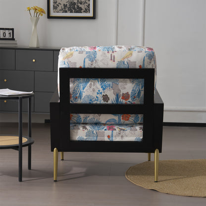 Floral Accent Chair, Velvet Lounge Arm Chair with Solid Wood Frame, Upholstered Living Room Chairs with Metal Legs for Reading Chair for Balcony, Living Room and Bedroom, Blue