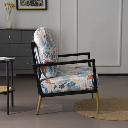 Floral Accent Chair, Velvet Lounge Arm Chair with Solid Wood Frame, Upholstered Living Room Chairs with Metal Legs for Reading Chair for Balcony, Living Room and Bedroom, Blue