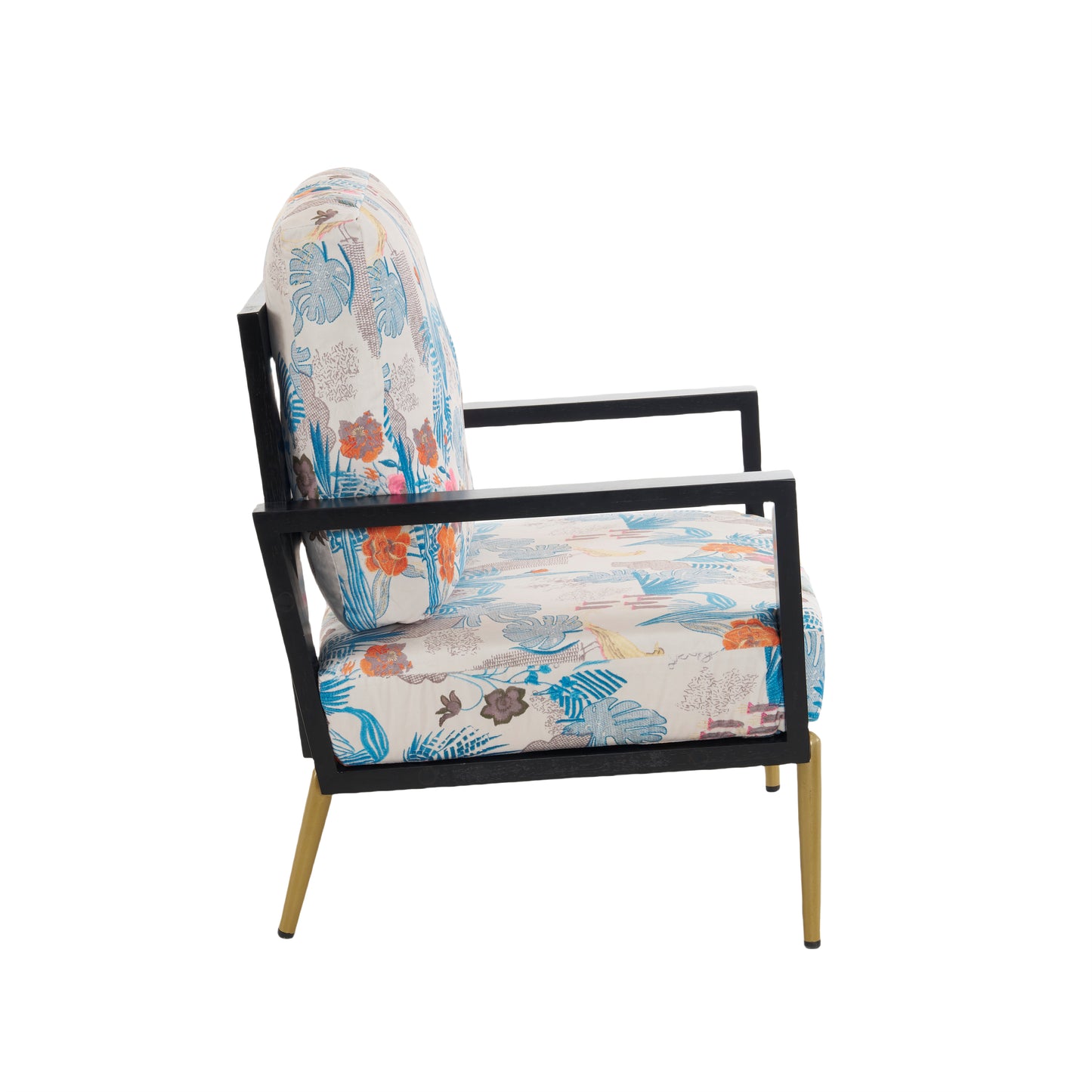 Floral Accent Chair, Velvet Lounge Arm Chair with Solid Wood Frame, Upholstered Living Room Chairs with Metal Legs for Reading Chair for Balcony, Living Room and Bedroom, Blue