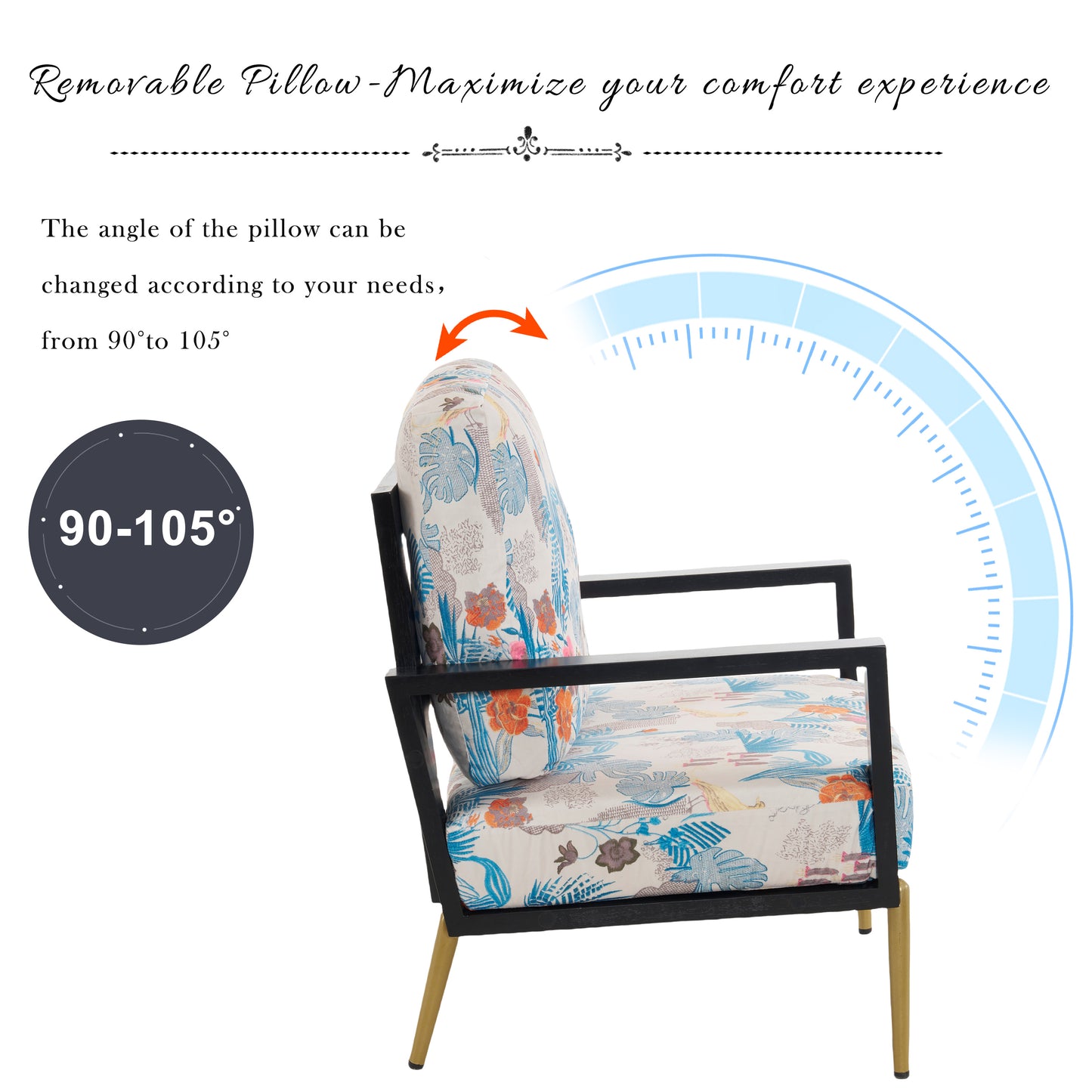 Floral Accent Chair, Velvet Lounge Arm Chair with Solid Wood Frame, Upholstered Living Room Chairs with Metal Legs for Reading Chair for Balcony, Living Room and Bedroom, Blue