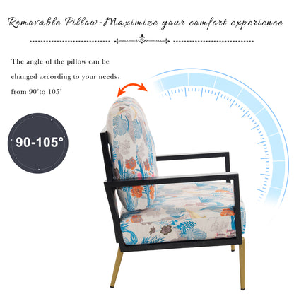 Floral Accent Chair, Velvet Lounge Arm Chair with Solid Wood Frame, Upholstered Living Room Chairs with Metal Legs for Reading Chair for Balcony, Living Room and Bedroom, Blue