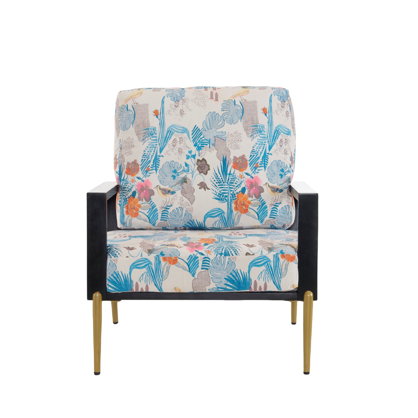 Floral Accent Chair, Velvet Lounge Arm Chair with Solid Wood Frame, Upholstered Living Room Chairs with Metal Legs for Reading Chair for Balcony, Living Room and Bedroom, Blue