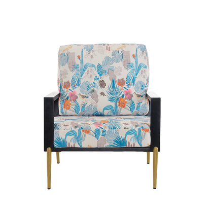 Floral Accent Chair, Velvet Lounge Arm Chair with Solid Wood Frame, Upholstered Living Room Chairs with Metal Legs for Reading Chair for Balcony, Living Room and Bedroom, Blue