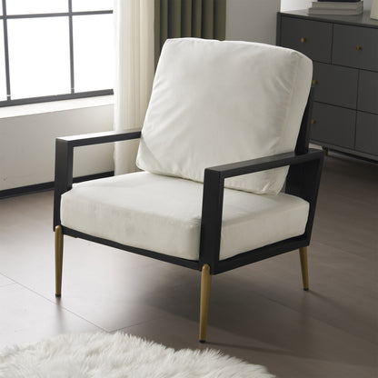 Upholstered Accent Chair, Velvet Lounge Arm Chair with Solid Wood Frame, Living Room Chairs with Metal Legs for Reading Chair for Balcony, Living Room and Bedroom, White