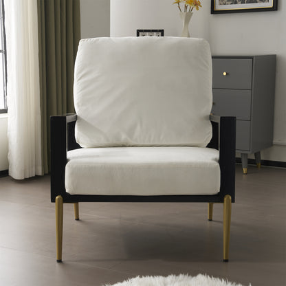 Upholstered Accent Chair, Velvet Lounge Arm Chair with Solid Wood Frame, Living Room Chairs with Metal Legs for Reading Chair for Balcony, Living Room and Bedroom, White