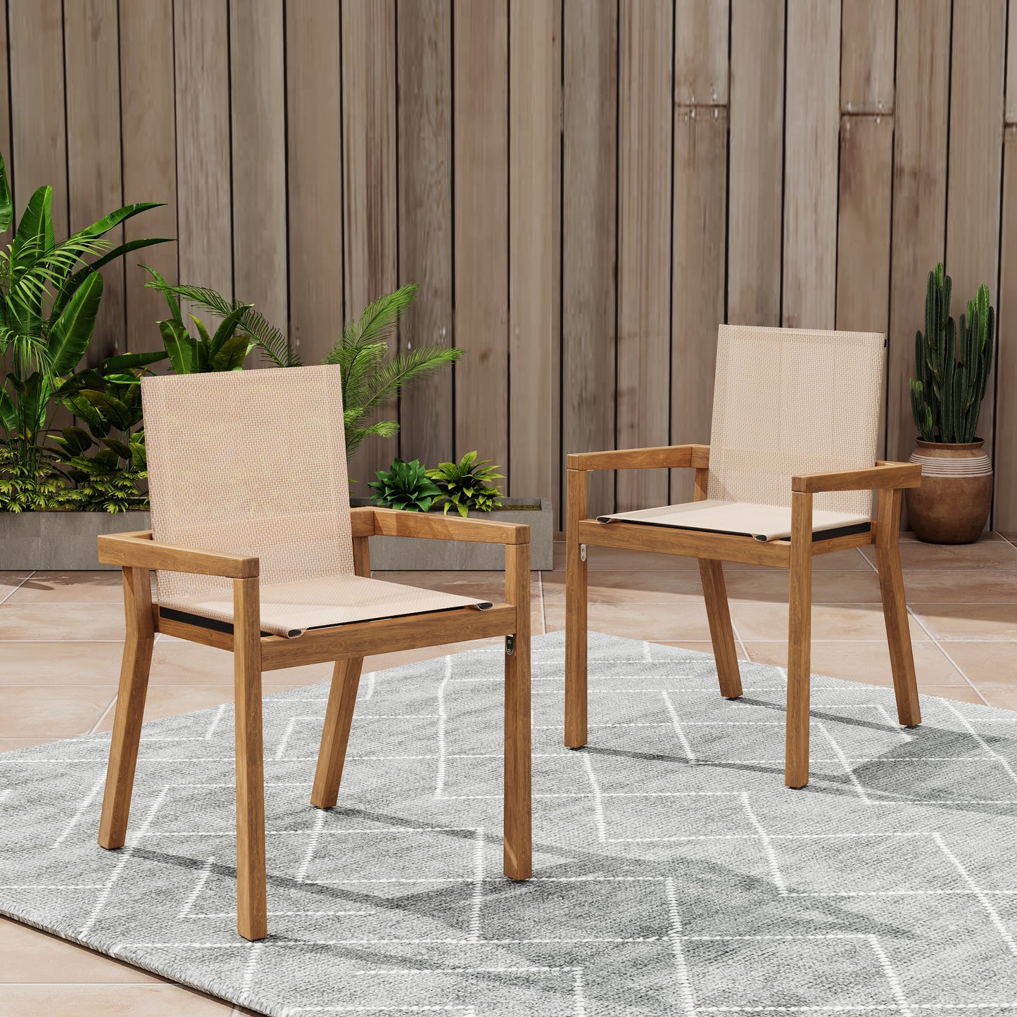 DINING CHAIR,Set of 2,Teak Frame+ Beige Textile