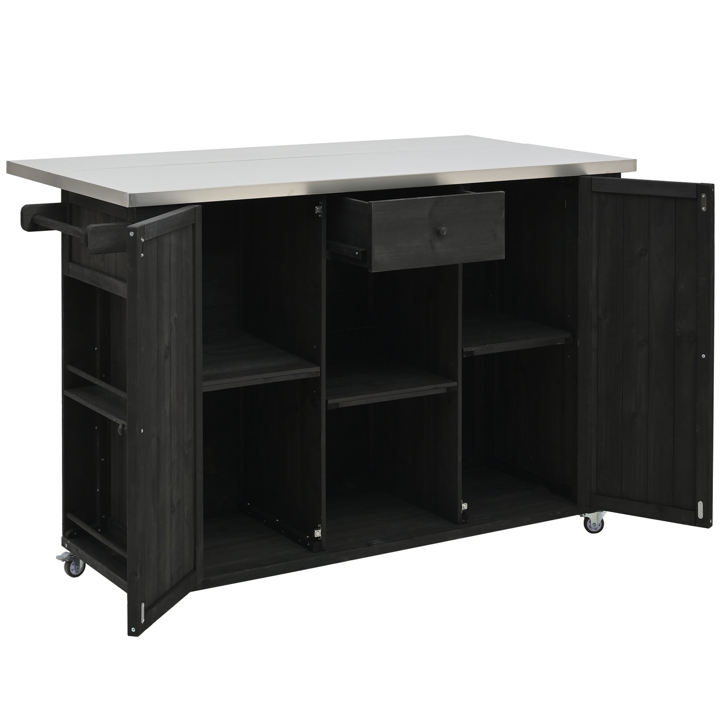 Outdoor Kitchen Island Fir Wood Kitchen Island with Stainless Steel Top, Ample Storage Space, Towel and Spice Racks and a Bottle Opener for Outdoor, Black