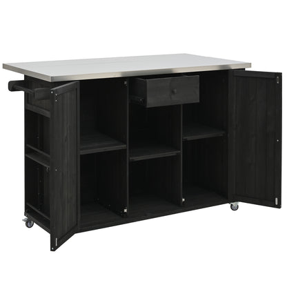 Outdoor Kitchen Island Fir Wood Kitchen Island with Stainless Steel Top, Ample Storage Space, Towel and Spice Racks and a Bottle Opener for Outdoor, Black