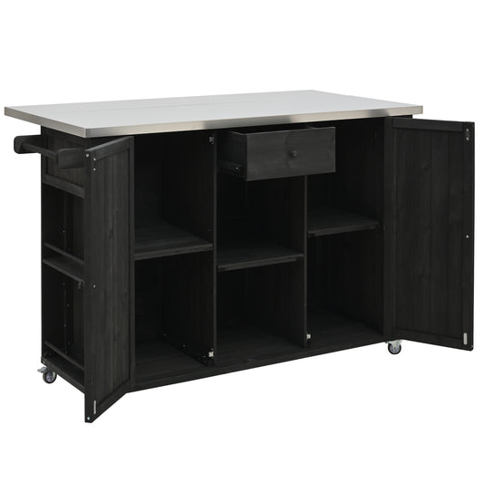 Outdoor Kitchen Island Fir Wood Kitchen Island with Stainless Steel Top, Ample Storage Space, Towel and Spice Racks and a Bottle Opener for Outdoor, Black