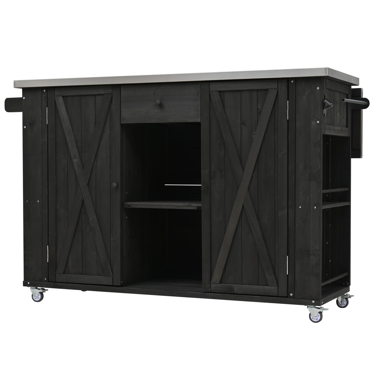 Outdoor Kitchen Island Fir Wood Kitchen Island with Stainless Steel Top, Ample Storage Space, Towel and Spice Racks and a Bottle Opener for Outdoor, Black