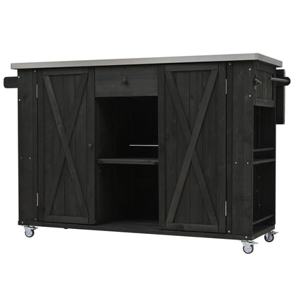 Outdoor Kitchen Island Fir Wood Kitchen Island with Stainless Steel Top, Ample Storage Space, Towel and Spice Racks and a Bottle Opener for Outdoor, Black