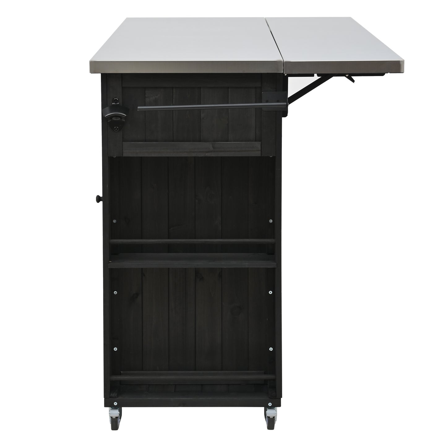 Outdoor Kitchen Island Fir Wood Kitchen Island with Stainless Steel Top, Ample Storage Space, Towel and Spice Racks and a Bottle Opener for Outdoor, Black