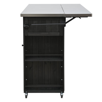 Outdoor Kitchen Island Fir Wood Kitchen Island with Stainless Steel Top, Ample Storage Space, Towel and Spice Racks and a Bottle Opener for Outdoor, Black