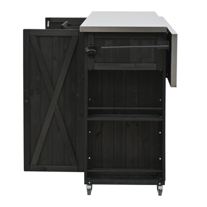 Outdoor Kitchen Island Fir Wood Kitchen Island with Stainless Steel Top, Ample Storage Space, Towel and Spice Racks and a Bottle Opener for Outdoor, Black