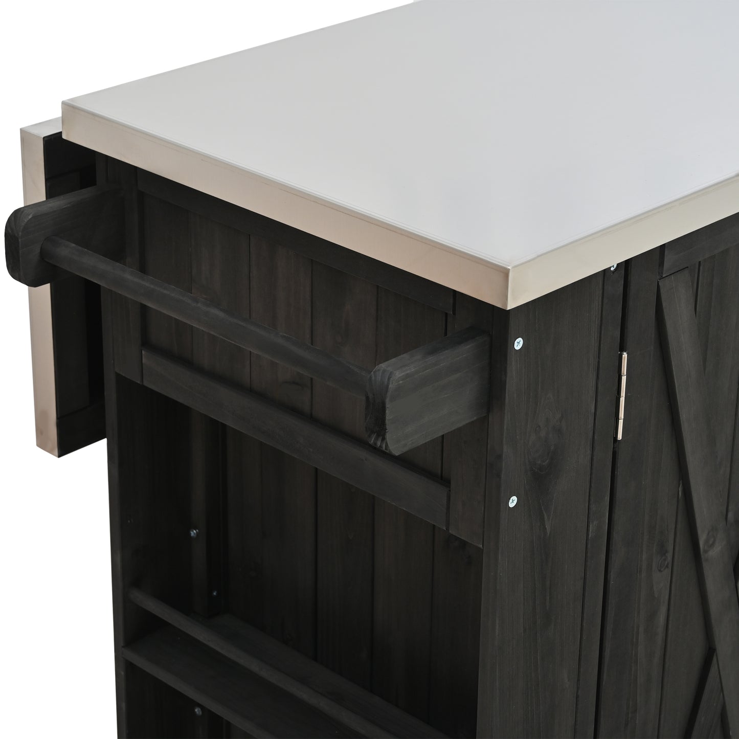 Outdoor Kitchen Island Fir Wood Kitchen Island with Stainless Steel Top, Ample Storage Space, Towel and Spice Racks and a Bottle Opener for Outdoor, Black