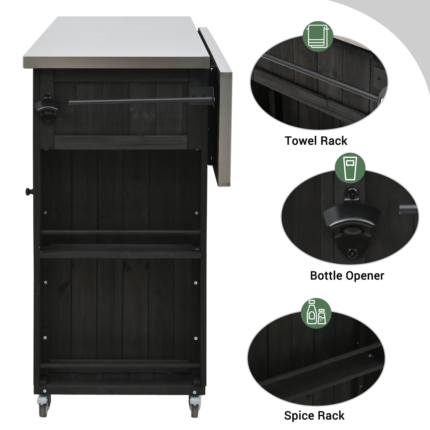 Outdoor Kitchen Island Fir Wood Kitchen Island with Stainless Steel Top, Ample Storage Space, Towel and Spice Racks and a Bottle Opener for Outdoor, Black